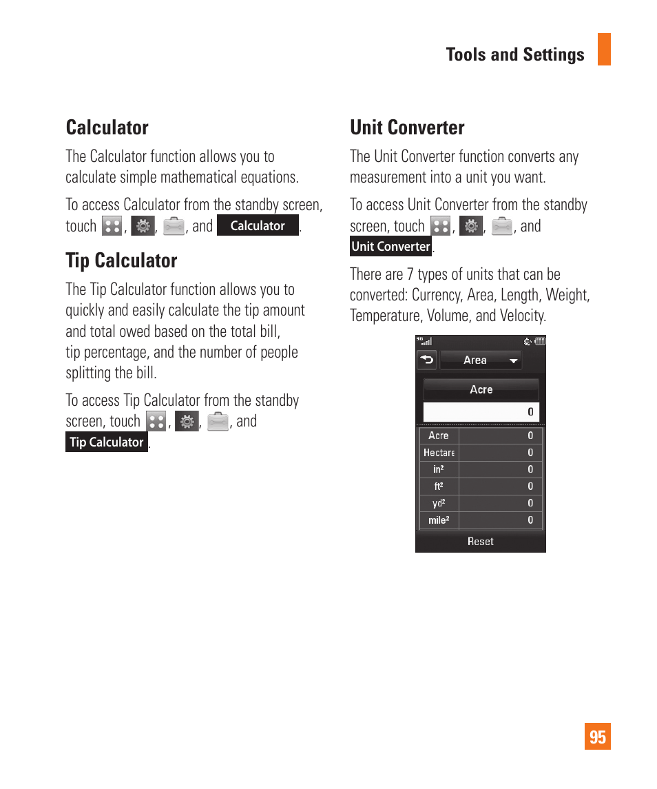 Calculator, Tip calculator, Unit converter | Calculator tip calculator unit converter | LG Encore User Manual | Page 100 / 140