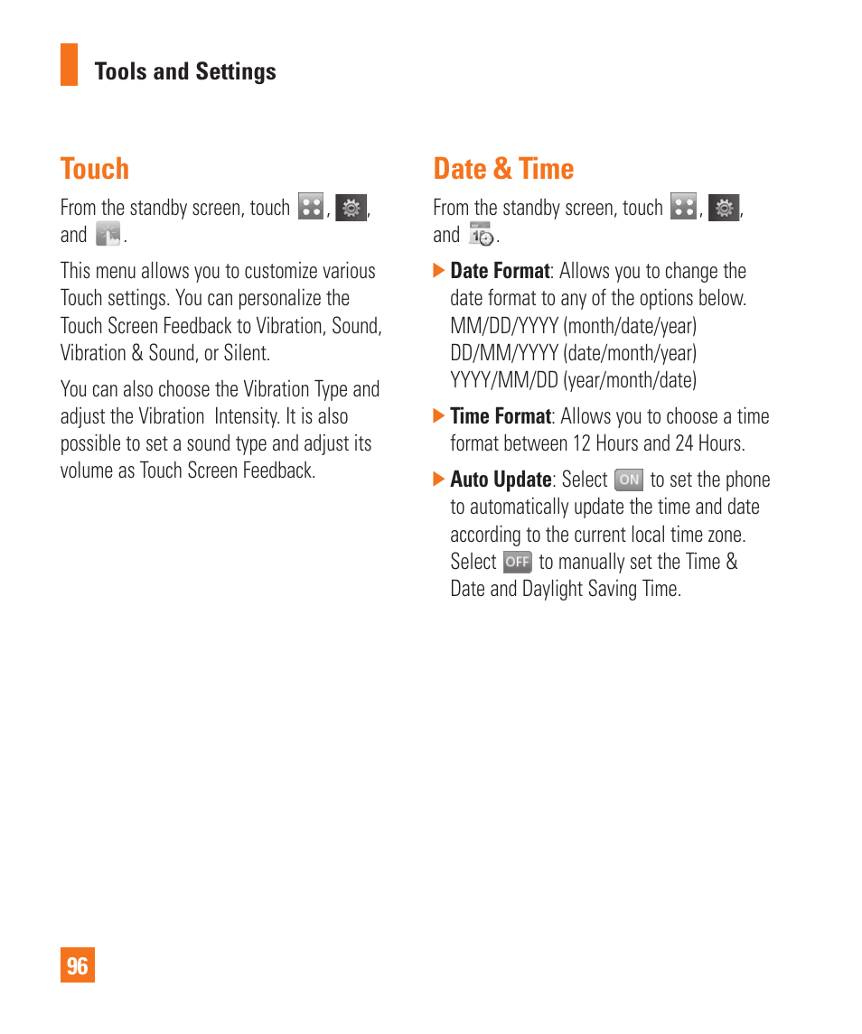 Date & time, Touch, Touch date & time | LG Encore User Manual | Page 101 / 140