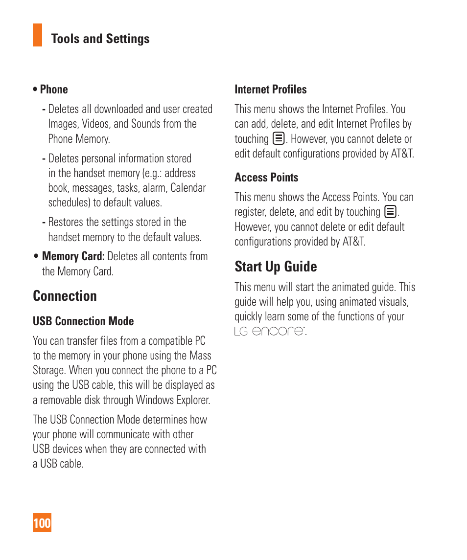 Connection, Start up guide, Connection start up guide | LG Encore User Manual | Page 105 / 140