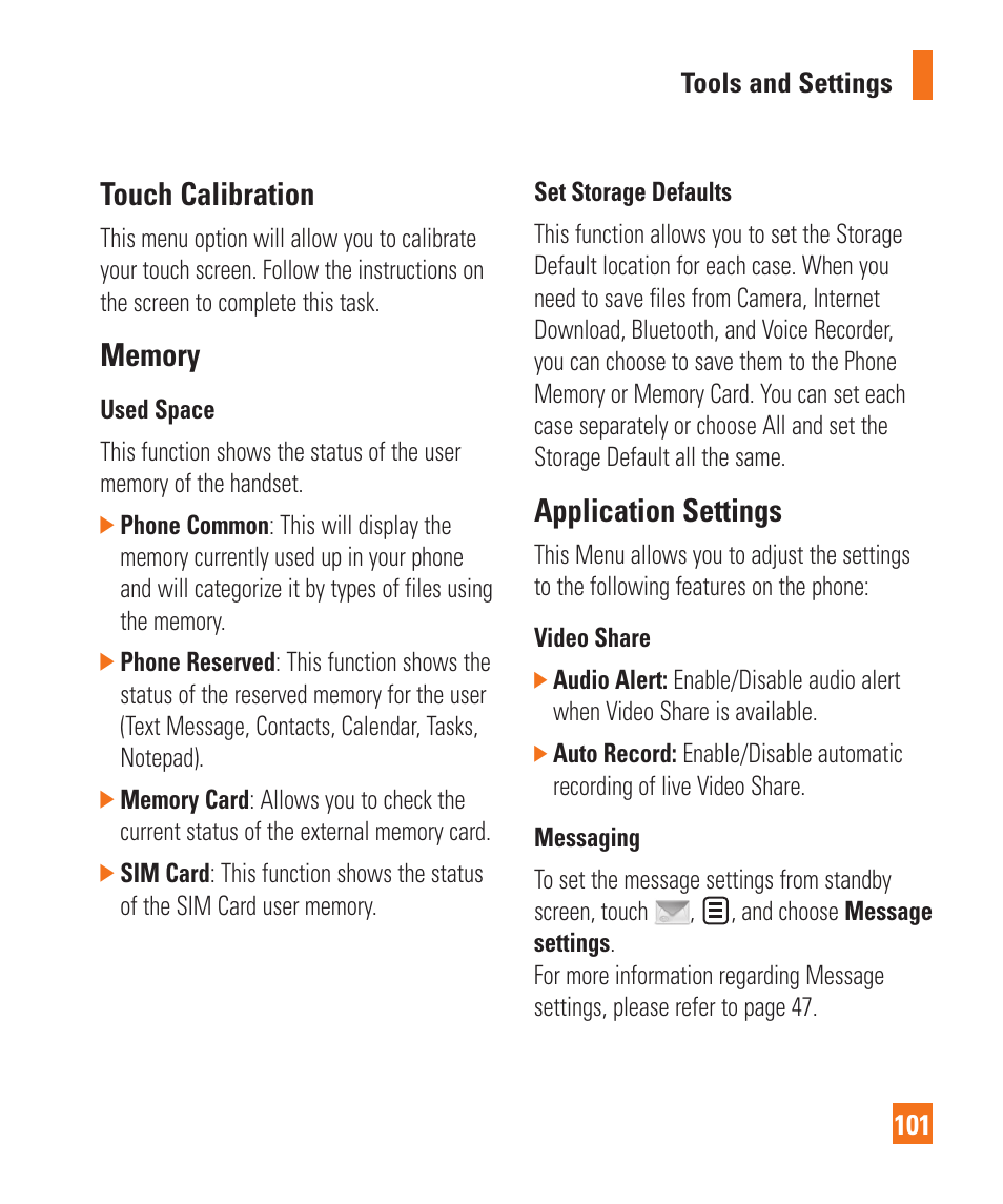 Touch calibration, Memory, Application settings | Touch calibration memory application settings | LG Encore User Manual | Page 106 / 140