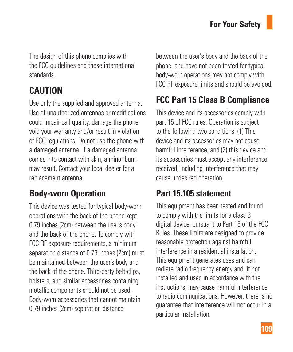 Caution, Body-worn operation, Fcc part 15 class b compliance | LG Encore User Manual | Page 114 / 140