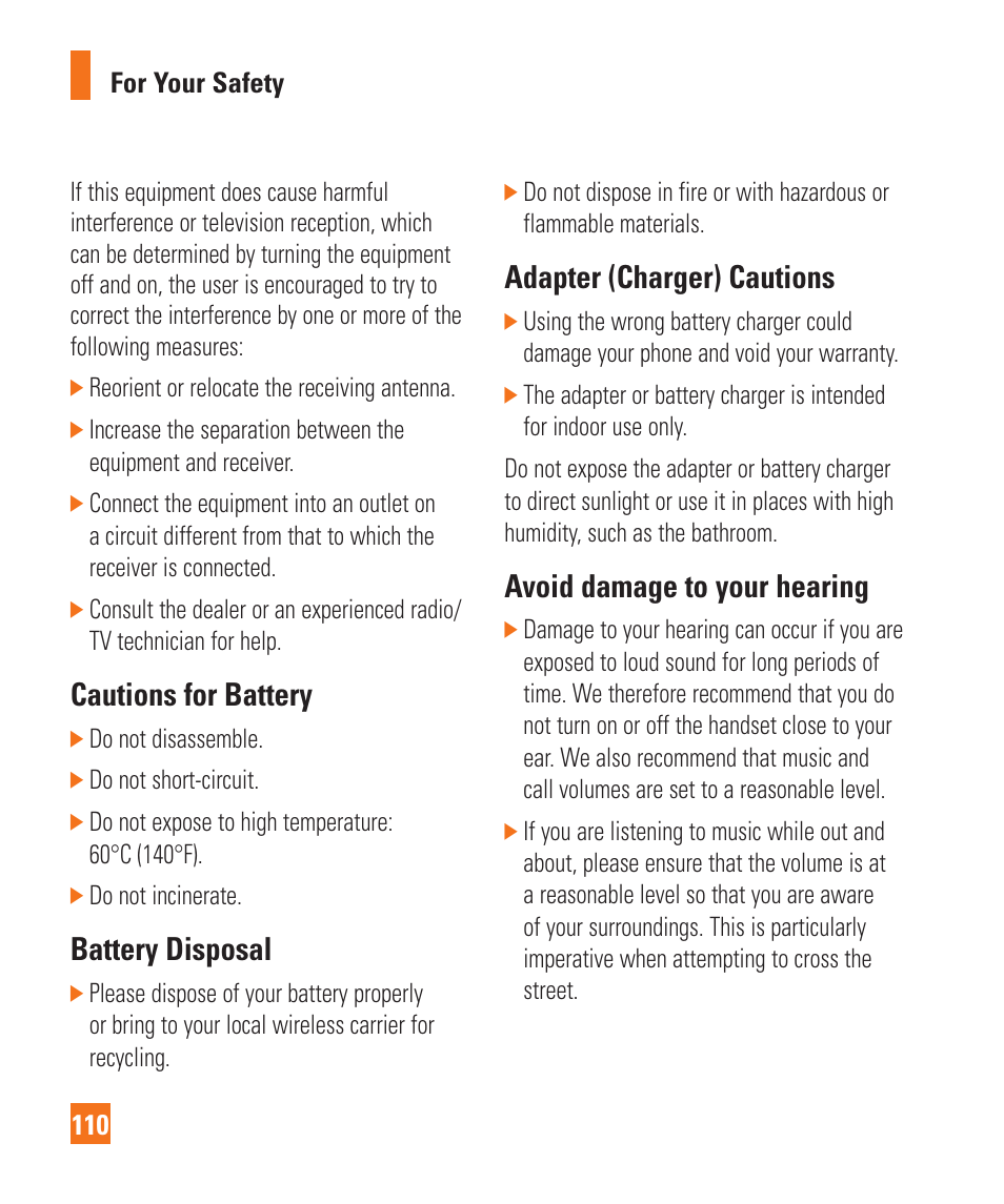 Cautions for battery, Battery disposal, Adapter (charger) cautions | Avoid damage to your hearing | LG Encore User Manual | Page 115 / 140