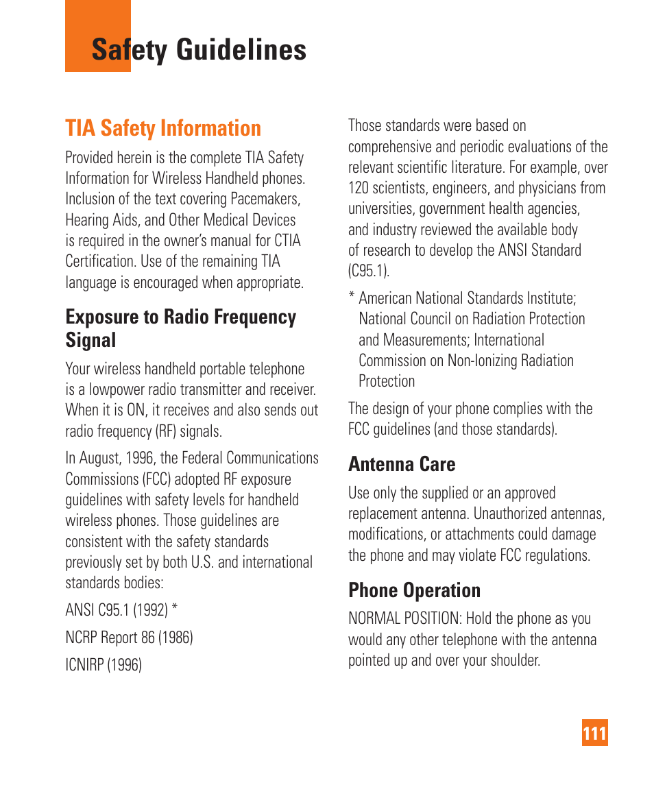 Safety guidelines, Tia safety information, Exposure to radio frequency signal | Antenna care, Phone operation | LG Encore User Manual | Page 116 / 140