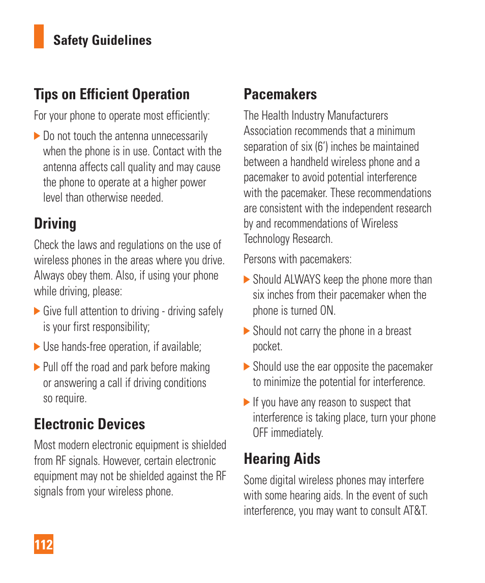 Tips on efficient operation, Driving, Electronic devices | Pacemakers, Hearing aids | LG Encore User Manual | Page 117 / 140