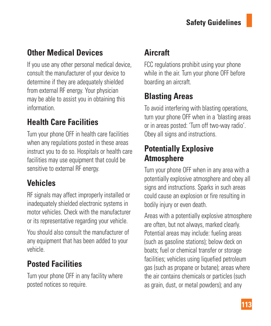 Other medical devices, Health care facilities, Vehicles | Posted facilities, Aircraft, Blasting areas, Potentially explosive atmosphere | LG Encore User Manual | Page 118 / 140