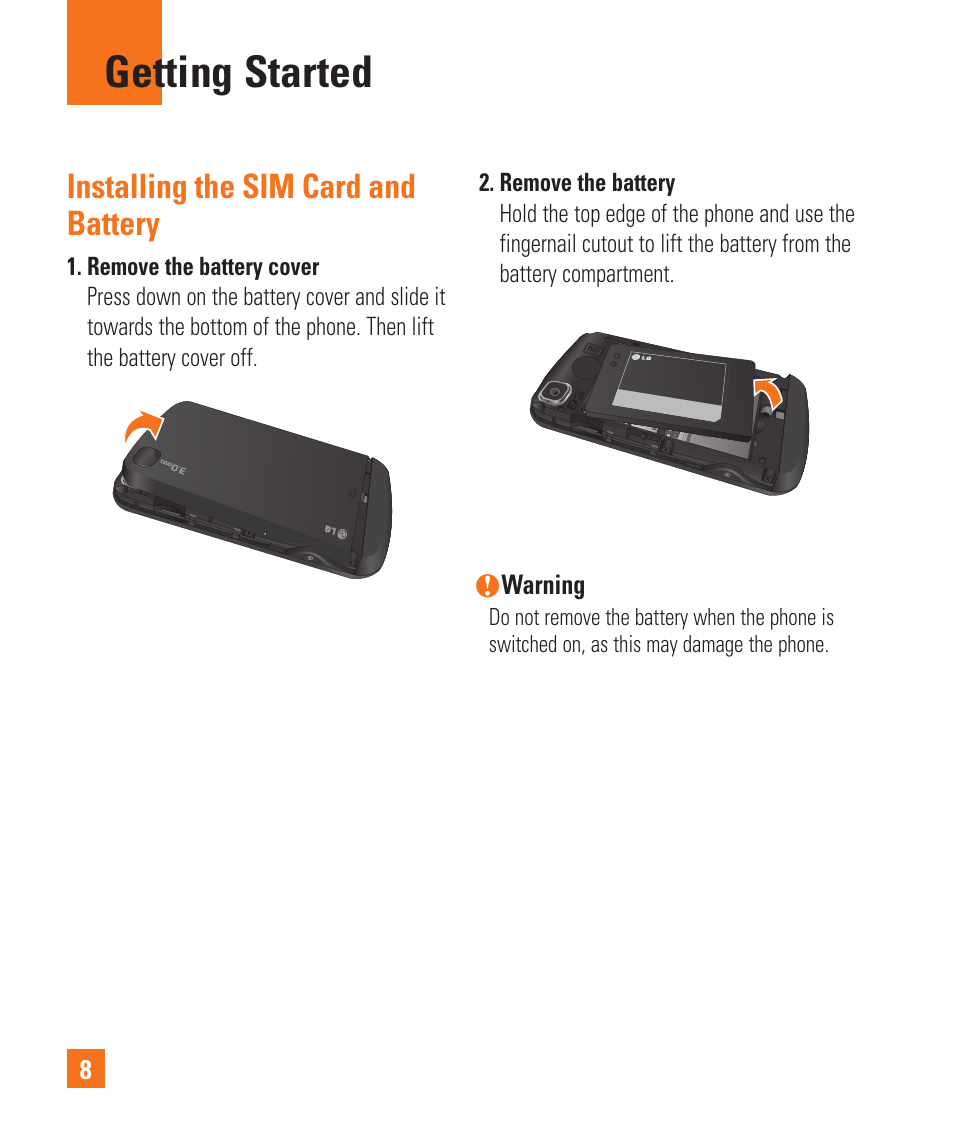 Installing the sim card and battery, Getting started | LG Encore User Manual | Page 13 / 140
