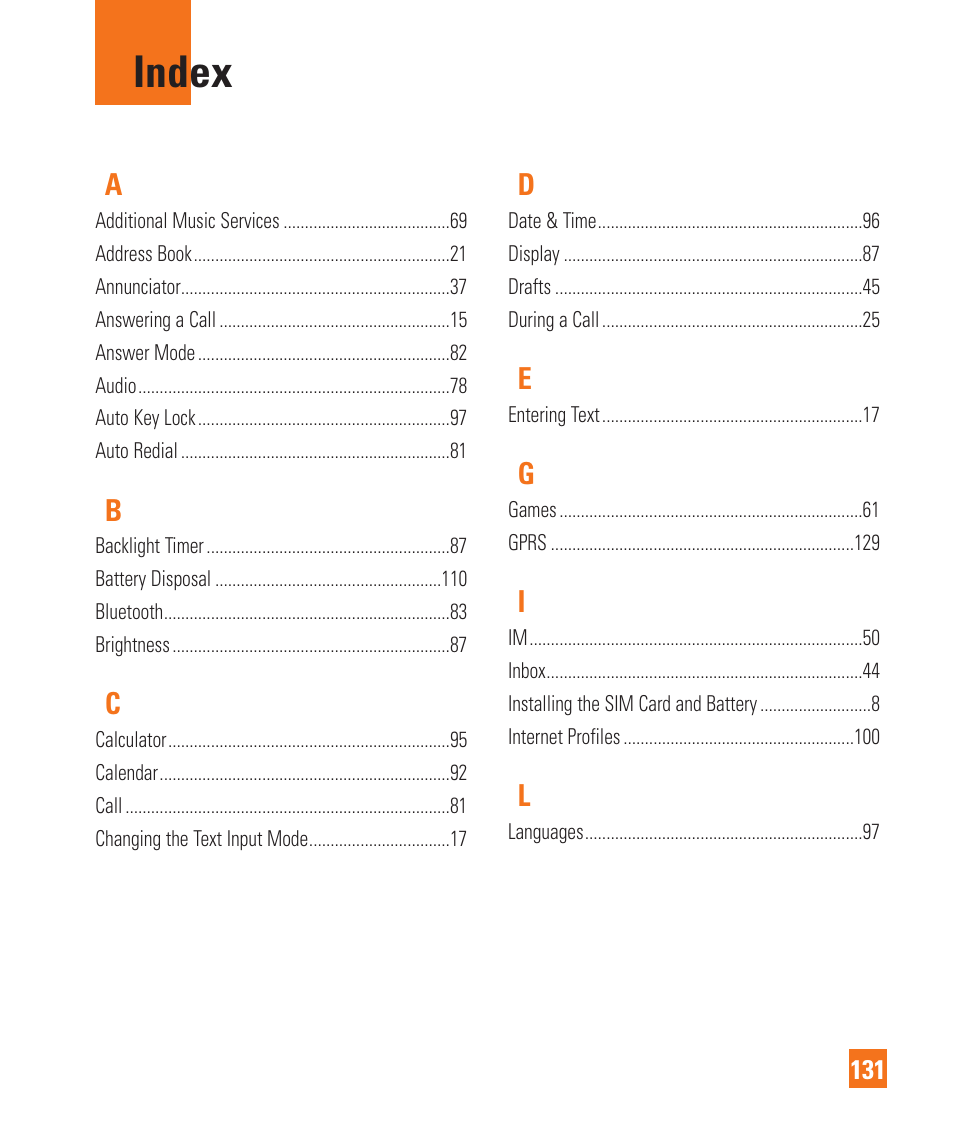 Index | LG Encore User Manual | Page 136 / 140