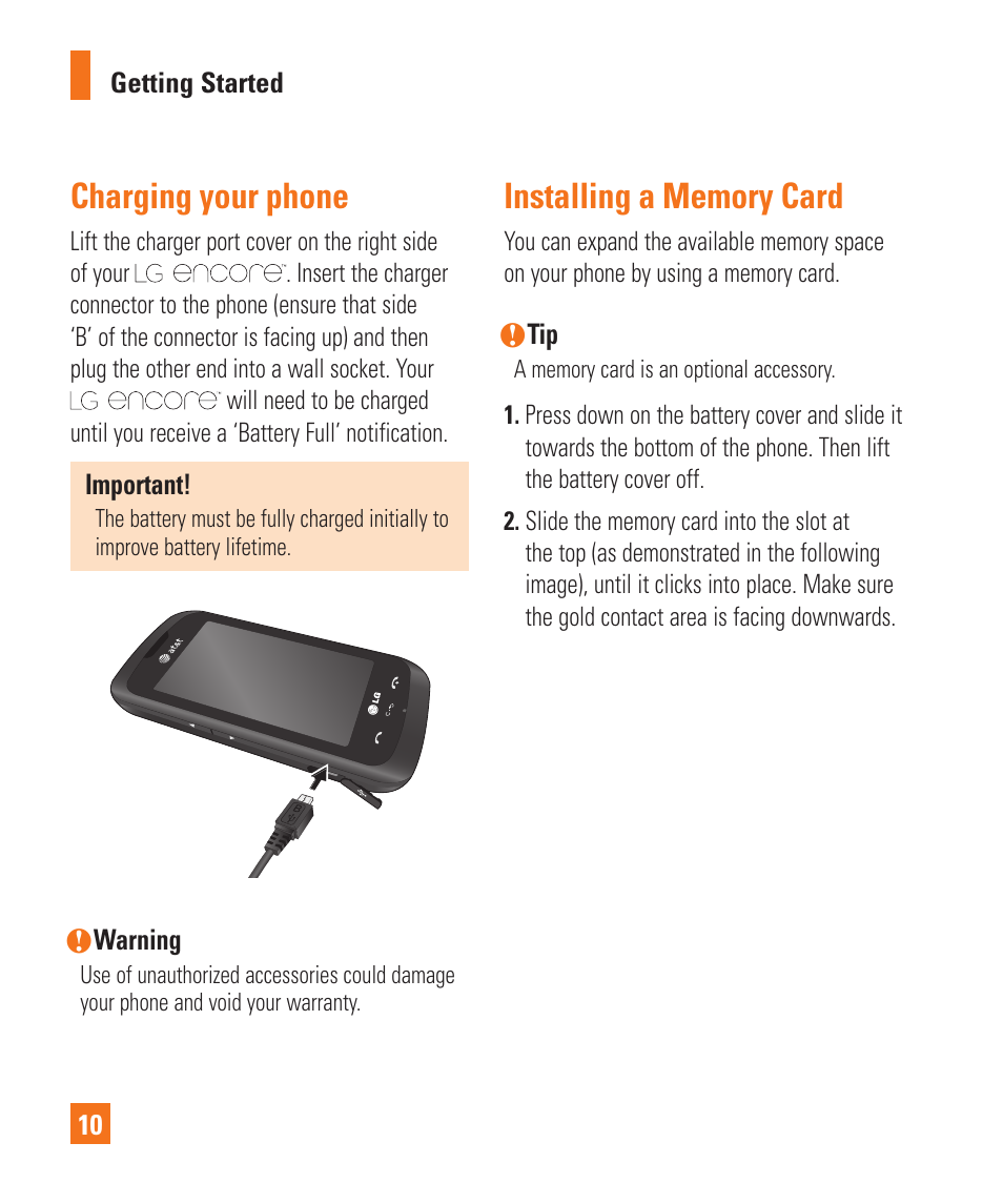 Installing a memory card, Charging your phone, Charging your phone installing a memory card | LG Encore User Manual | Page 15 / 140