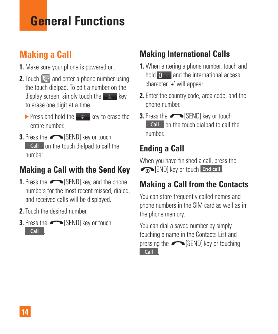 Making a call, General functions, Making a call with the send key | Making international calls, Ending a call, Making a call from the contacts | LG Encore User Manual | Page 19 / 140