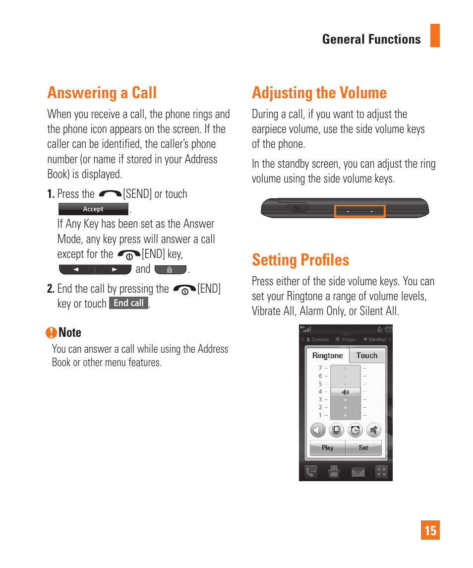 Setting profiles, Adjusting the volume, Answering a call | LG Encore User Manual | Page 20 / 140