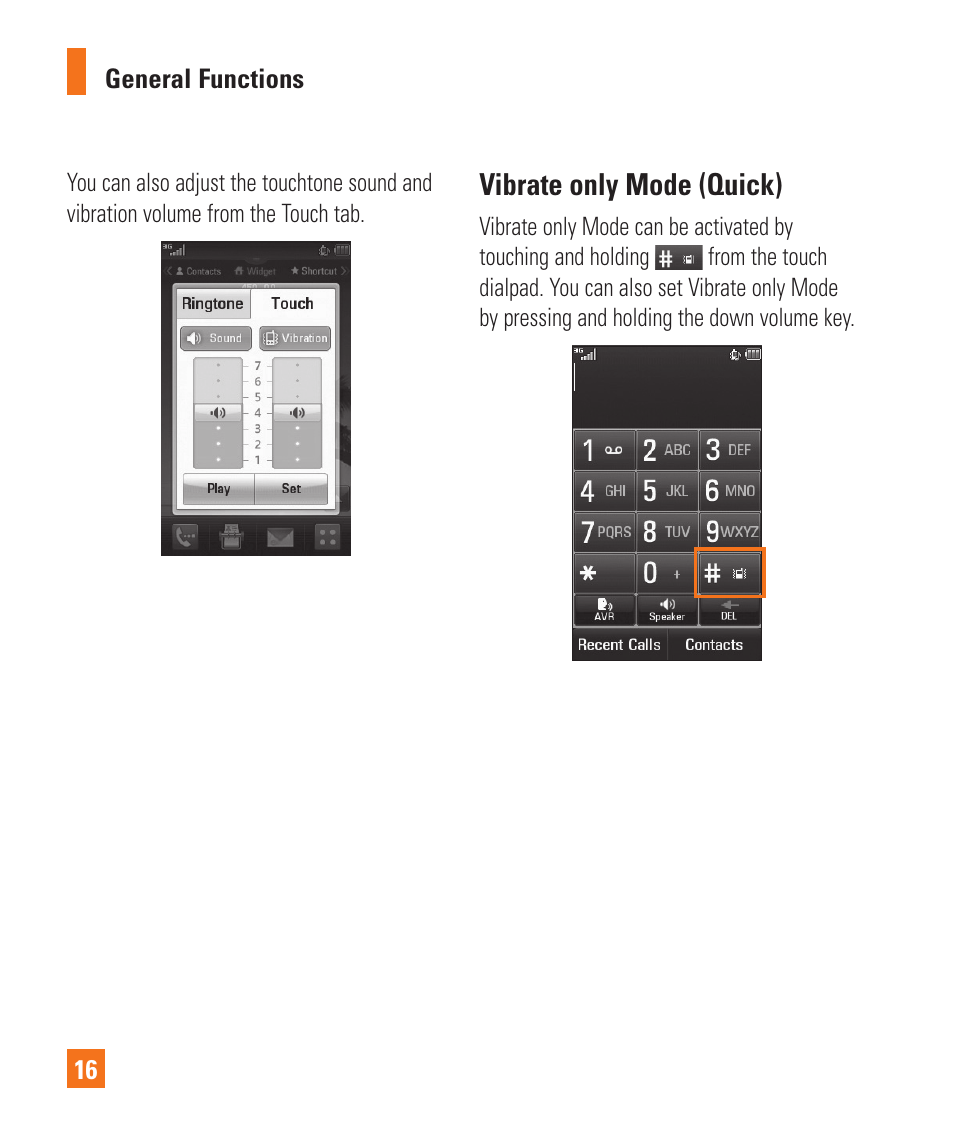 Vibrate only mode (quick) | LG Encore User Manual | Page 21 / 140