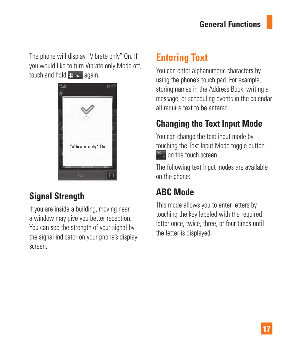 Entering text, Signal strength, Changing the text input mode | Abc mode | LG Encore User Manual | Page 22 / 140
