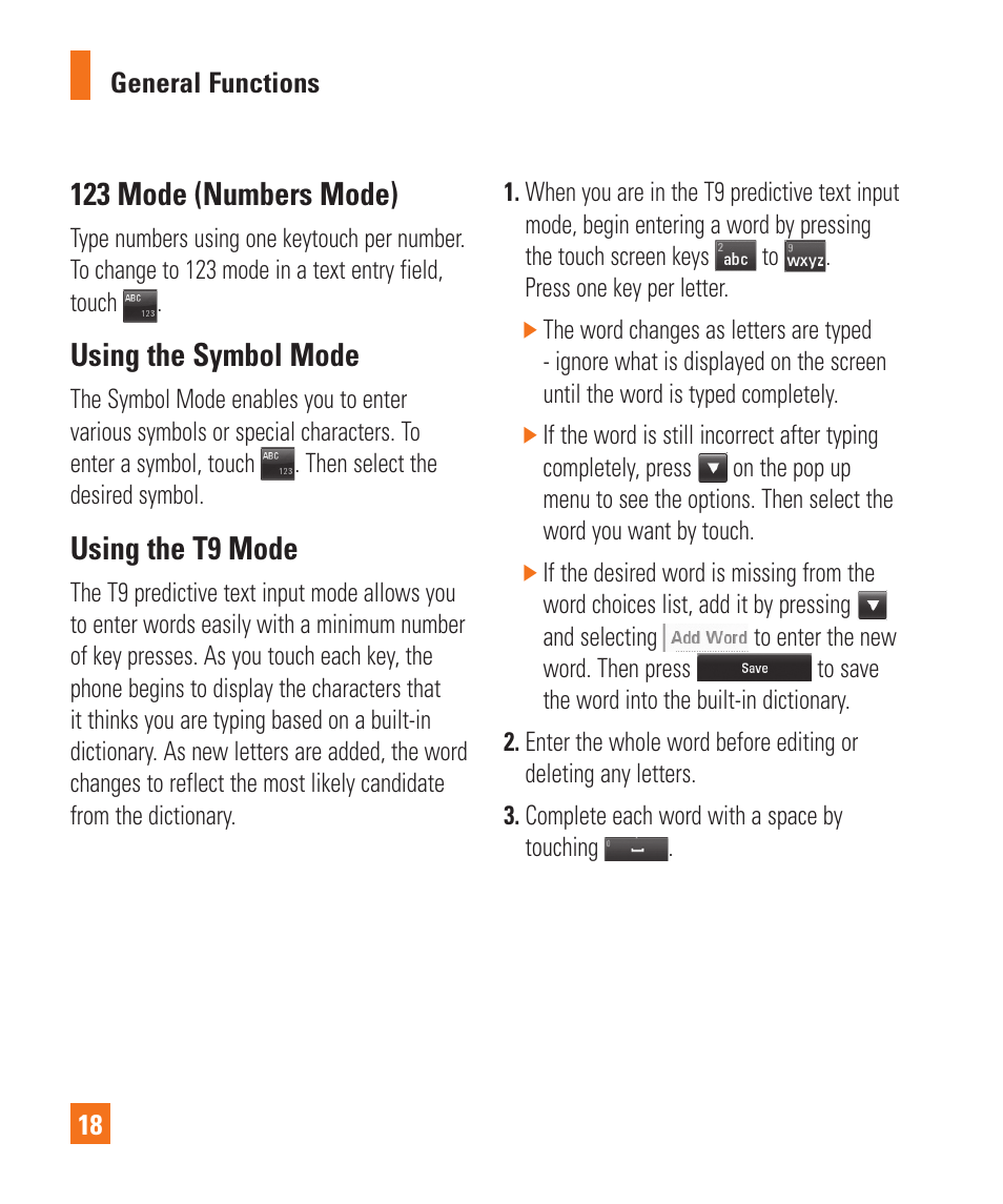 123 mode (numbers mode), Using the symbol mode, Using the t9 mode | LG Encore User Manual | Page 23 / 140
