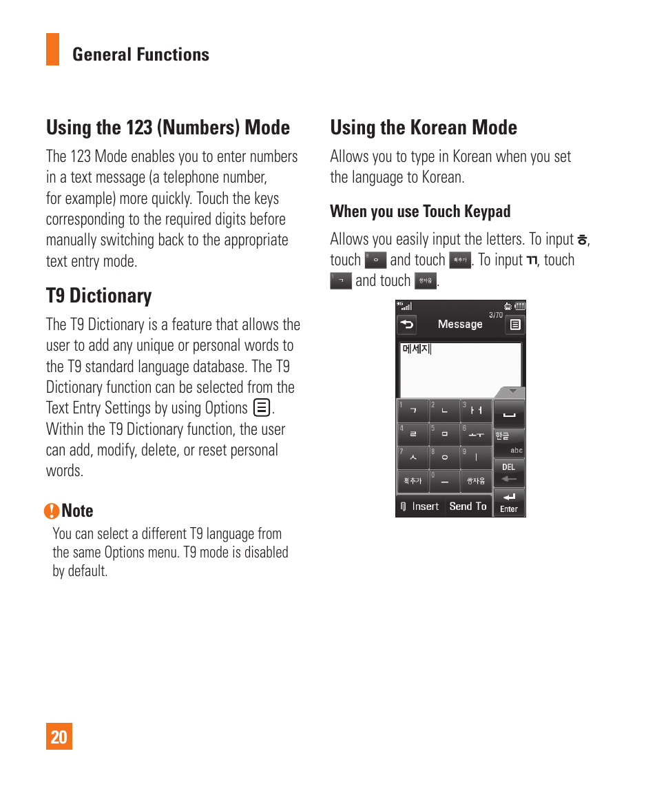 Using the 123 (numbers) mode, T9 dictionary, Using the korean mode | LG Encore User Manual | Page 25 / 140