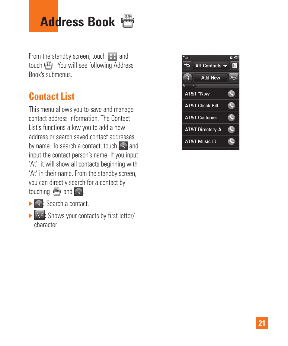 Contact list, Address book | LG Encore User Manual | Page 26 / 140