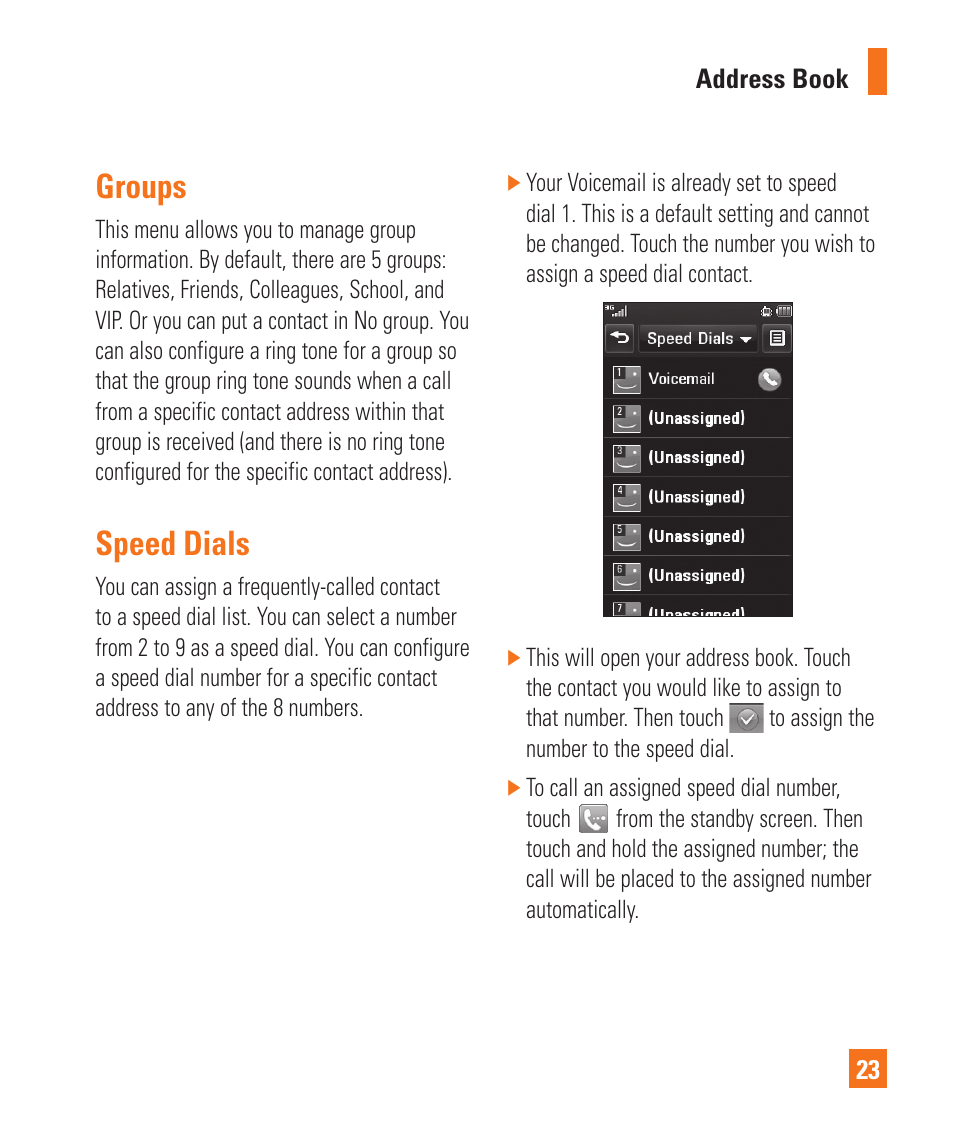 Speed dials, Groups, Groups speed dials | LG Encore User Manual | Page 28 / 140