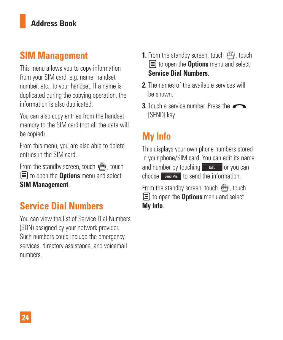 My info, Service dial numbers, Sim management | Sim management service dial numbers my info | LG Encore User Manual | Page 29 / 140