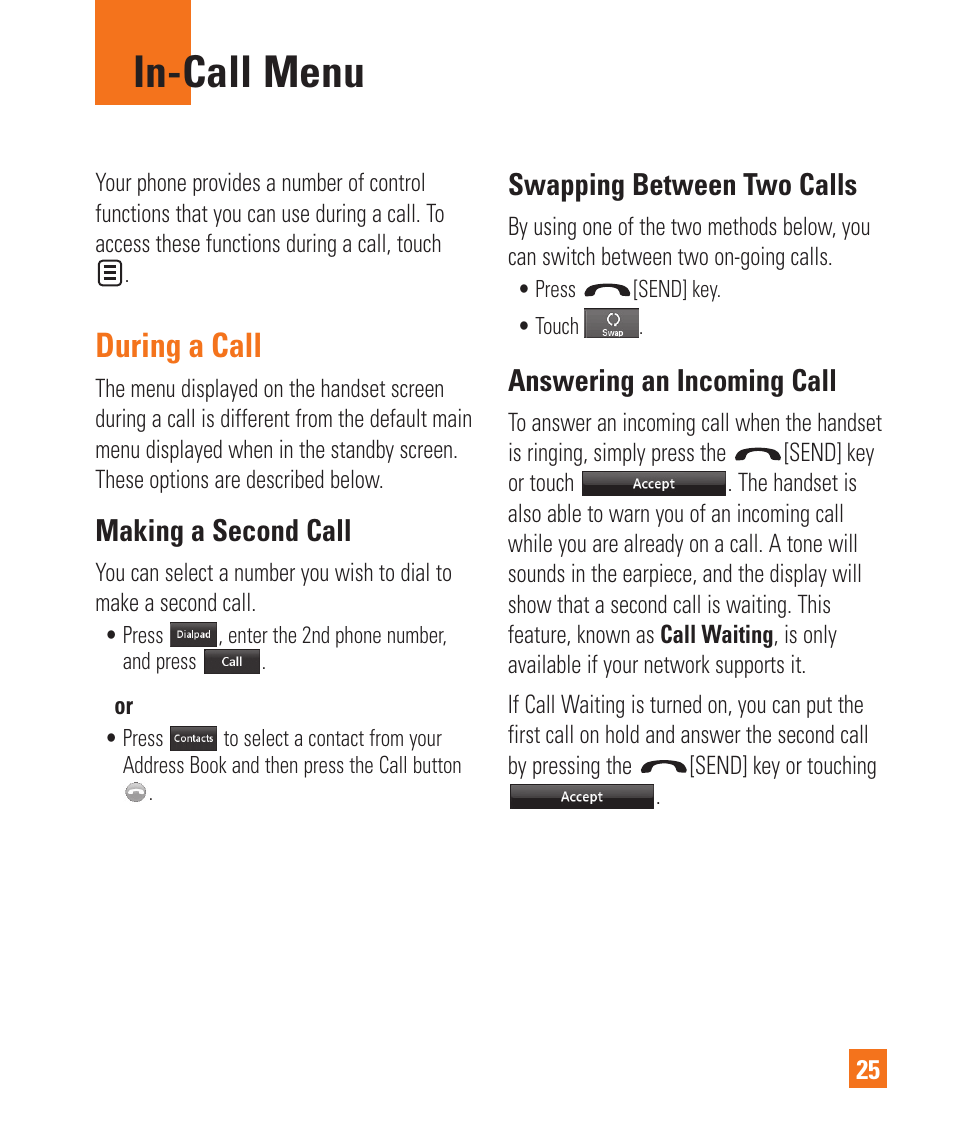 During a call, Making a second call, Swapping between two calls | Answering an incoming call, In-call menu | LG Encore User Manual | Page 30 / 140