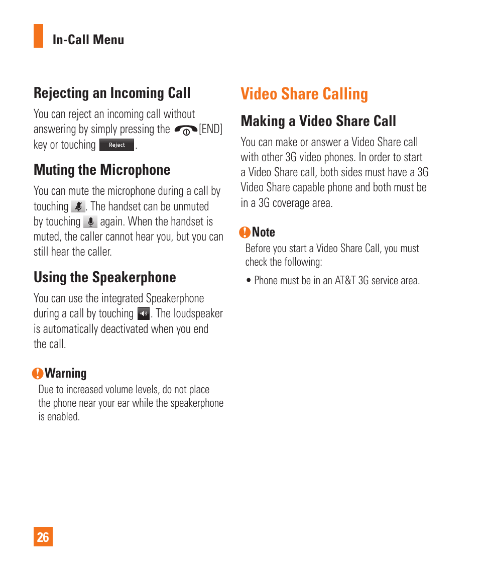 Video share calling, Making a video share call, Rejecting an incoming call | Muting the microphone, Using the speakerphone | LG Encore User Manual | Page 31 / 140