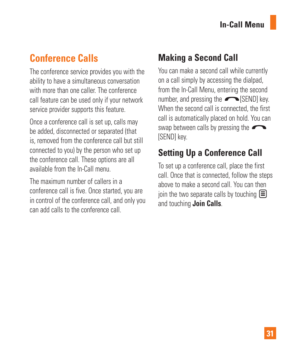 Conference calls, Making a second call, Setting up a conference call | LG Encore User Manual | Page 36 / 140