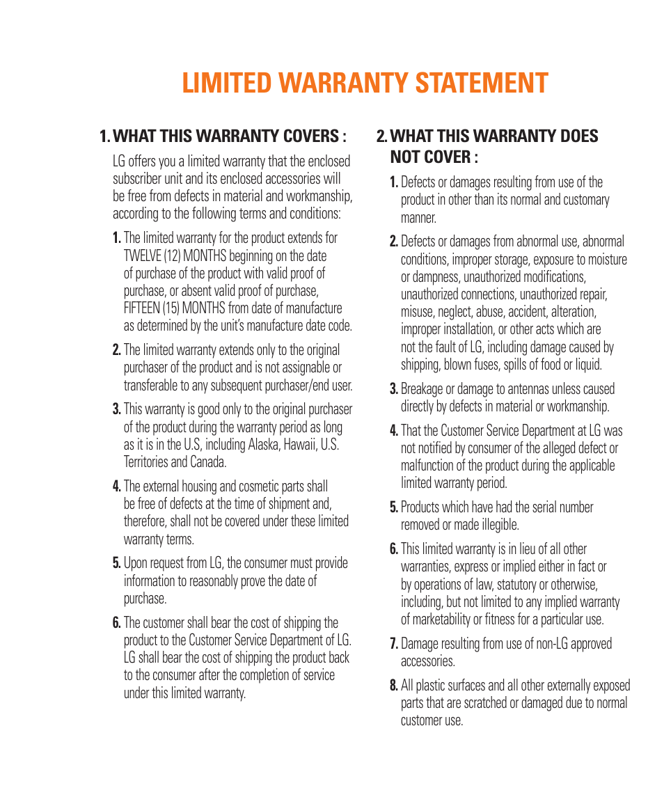 Limited warranty statement | LG Encore User Manual | Page 4 / 140