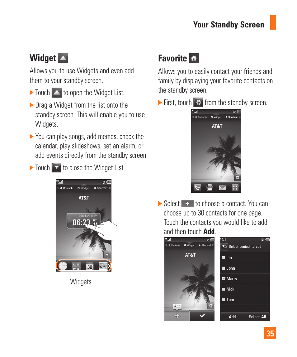 Widget, Favorite, Widget favorite | LG Encore User Manual | Page 40 / 140