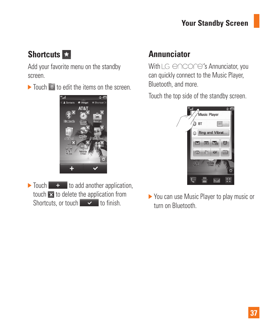 Shortcuts, Annunciator, Shortcuts annunciator | LG Encore User Manual | Page 42 / 140