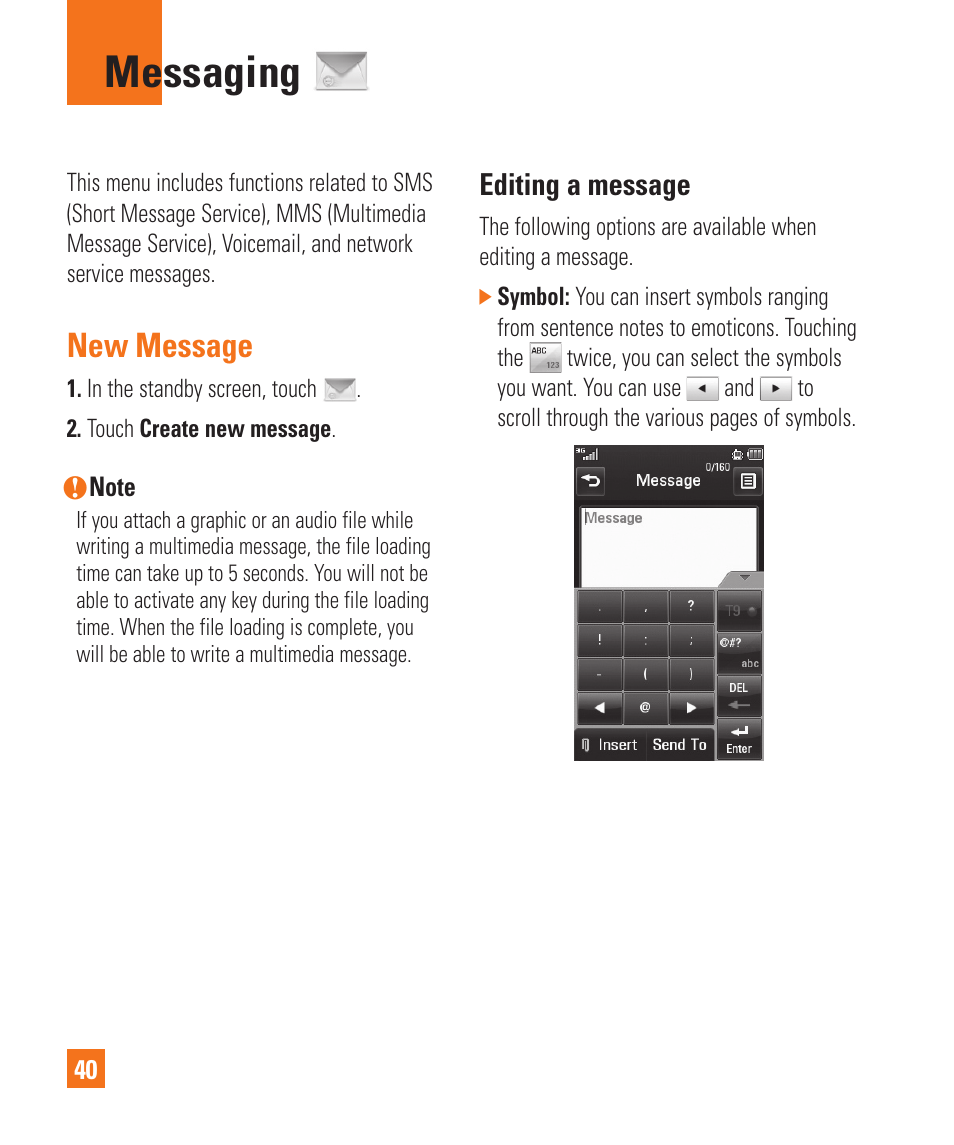 New message, Messaging, Editing a message | LG Encore User Manual | Page 45 / 140