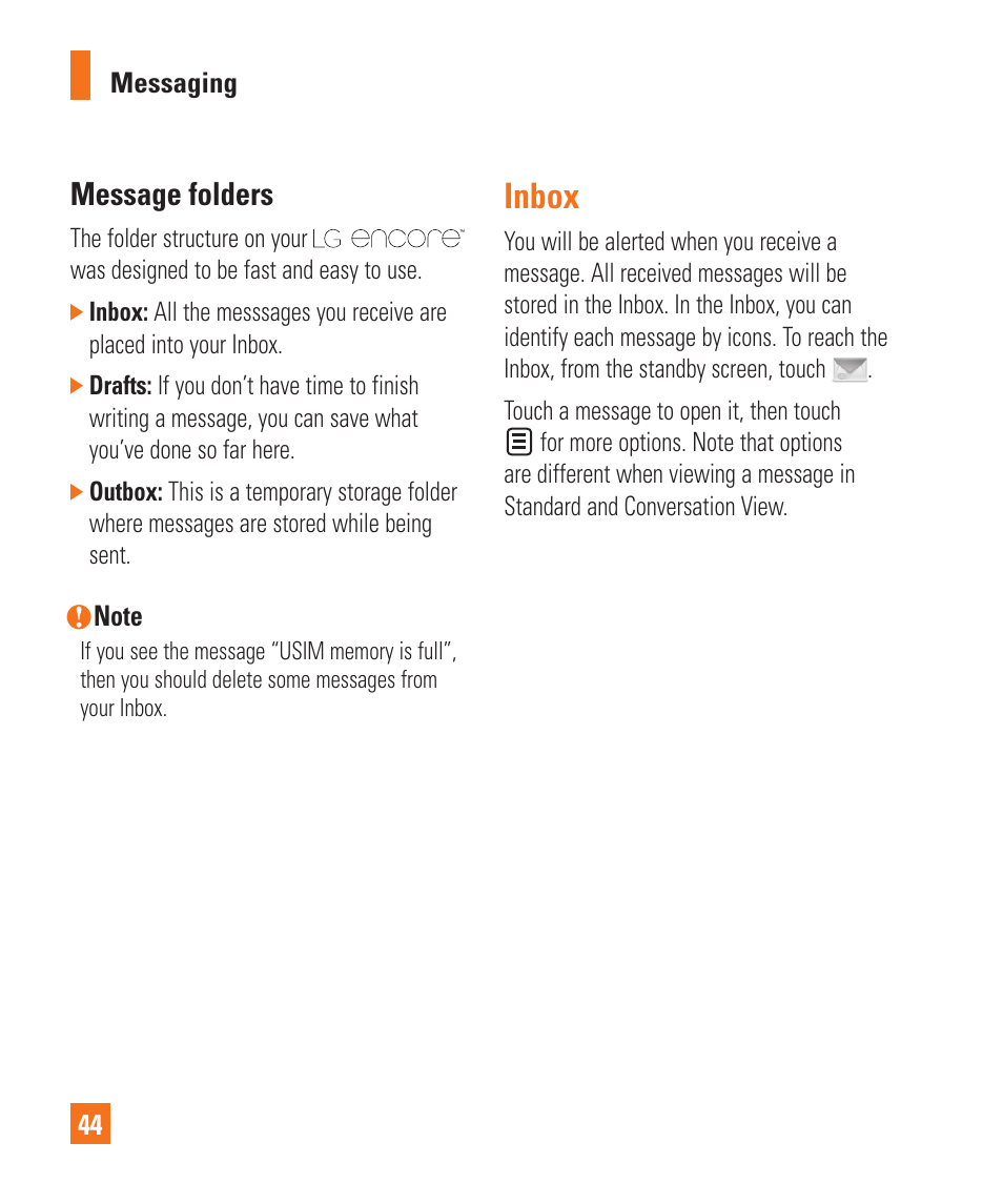 Inbox, Message folders | LG Encore User Manual | Page 49 / 140