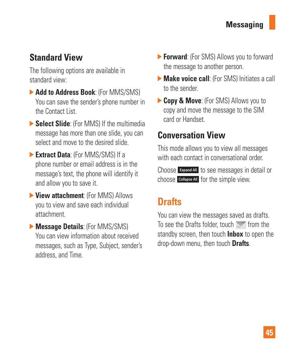 Drafts, Standard view, Conversation view | Standard view conversation view drafts | LG Encore User Manual | Page 50 / 140