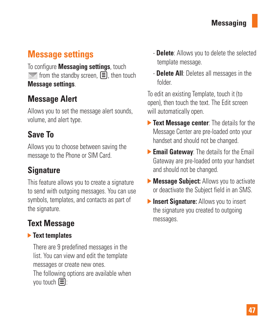 Message settings, Message alert, Save to | Signature, Text message | LG Encore User Manual | Page 52 / 140