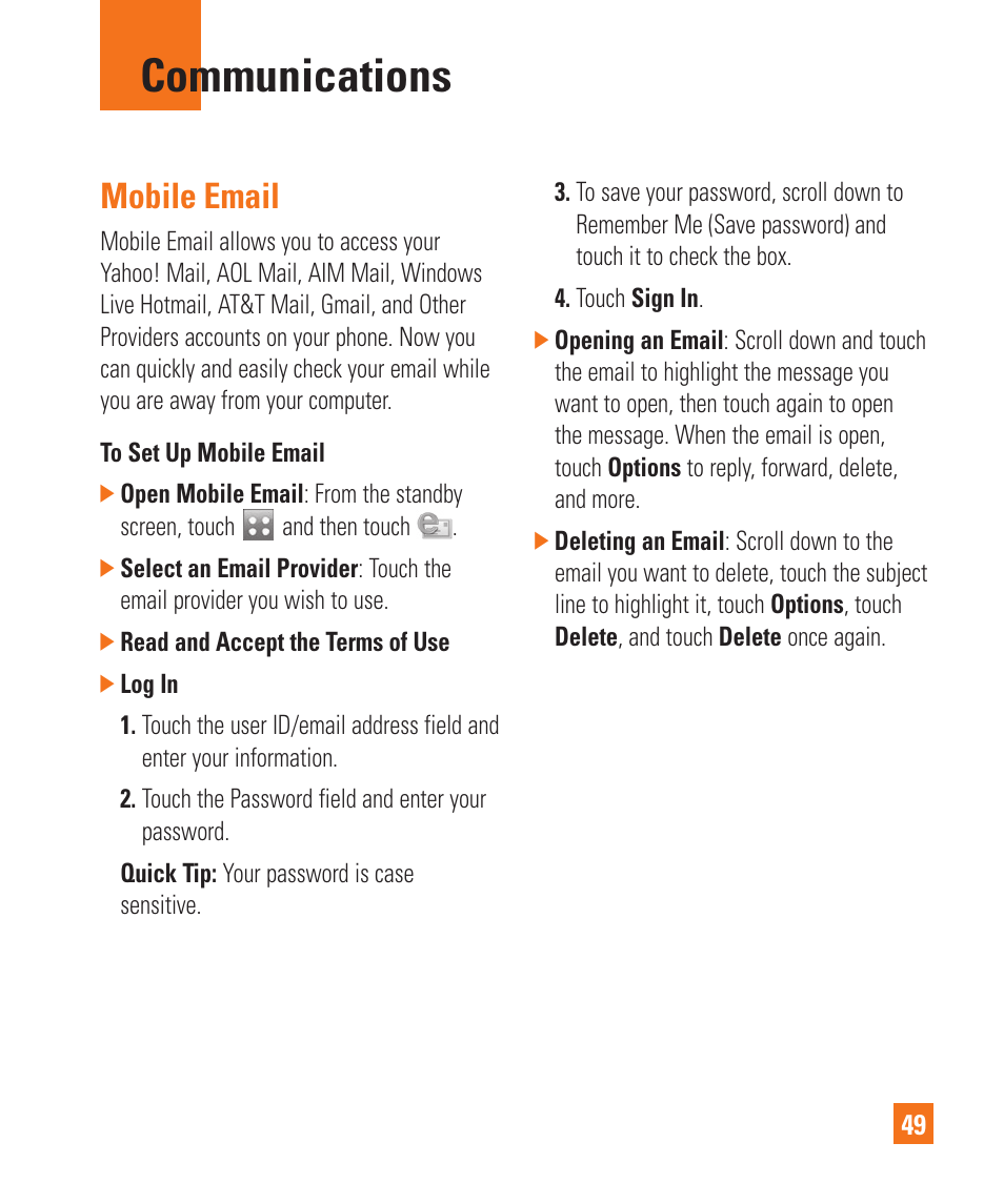 Mobile email, Communications | LG Encore User Manual | Page 54 / 140