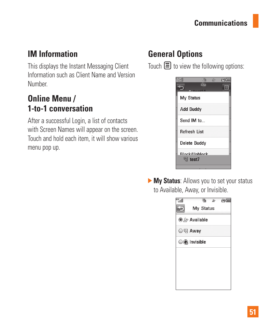 Im information, Online menu / 1-to-1 conversation, General options | LG Encore User Manual | Page 56 / 140