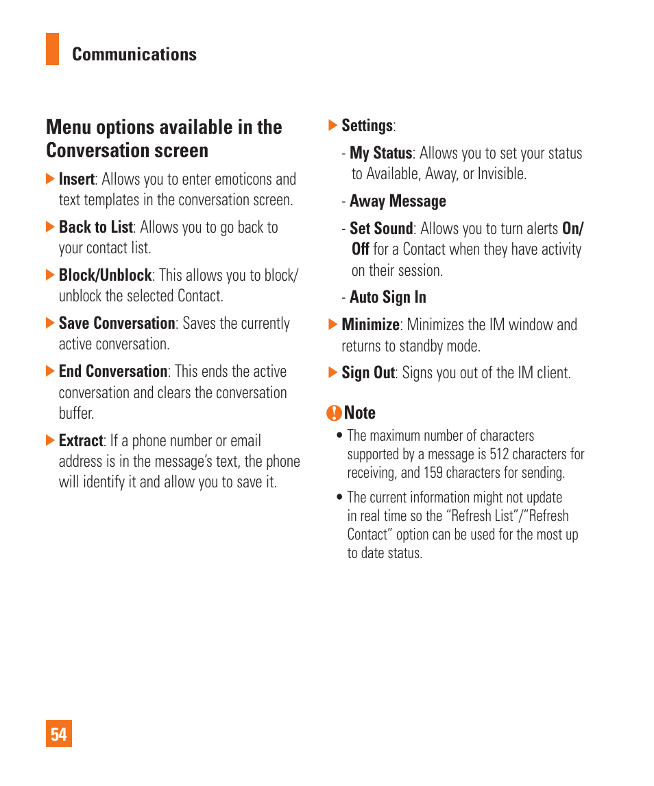 Menu options available in the conversation screen | LG Encore User Manual | Page 59 / 140