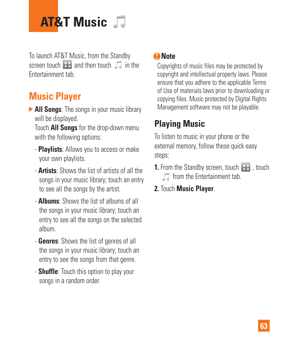 Music player, At&t music, Playing music | LG Encore User Manual | Page 68 / 140