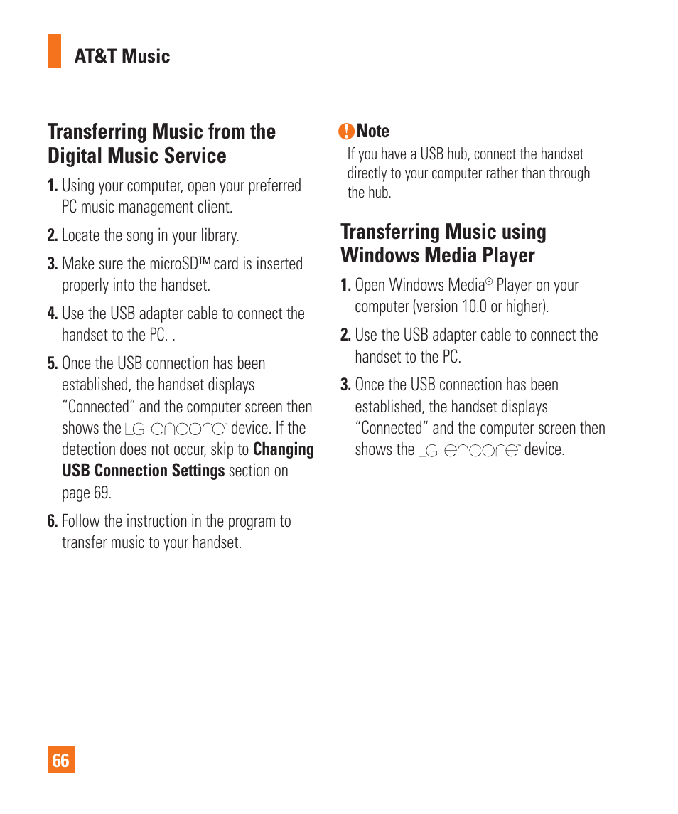 Transferring music from the digital music service, Transferring music using windows media player | LG Encore User Manual | Page 71 / 140