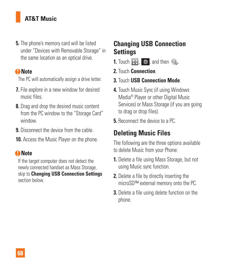 Changing usb connection settings, Deleting music files | LG Encore User Manual | Page 73 / 140