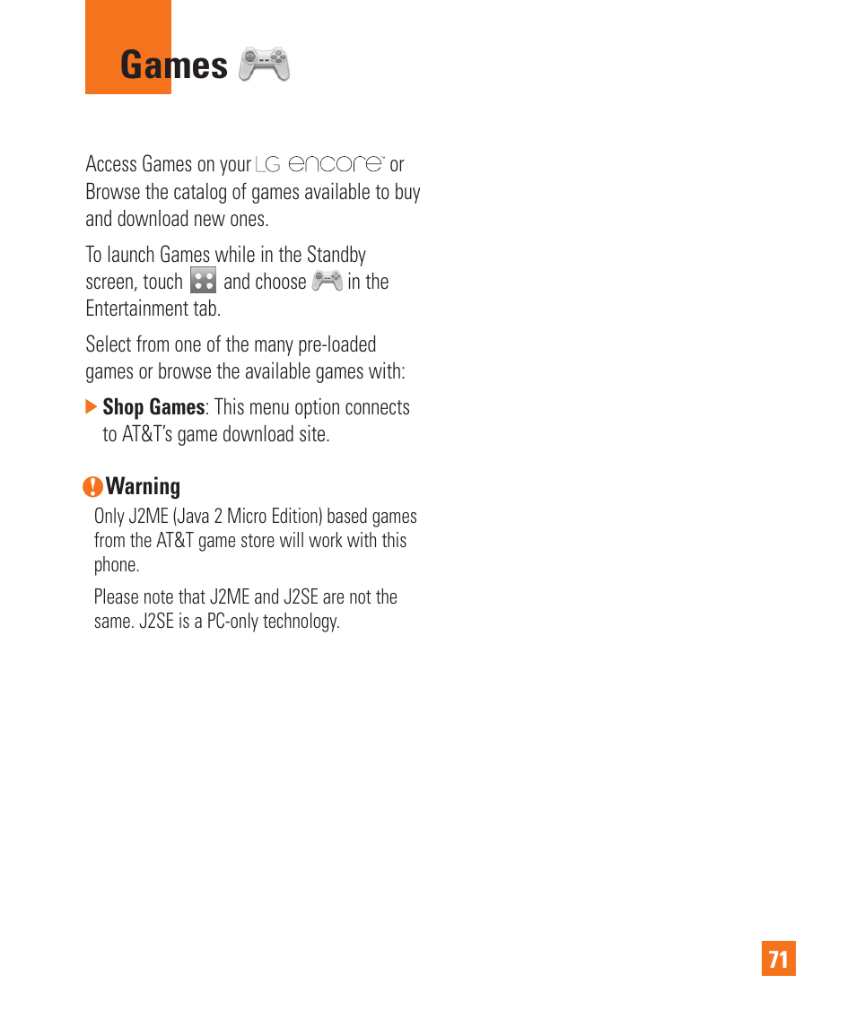 Games | LG Encore User Manual | Page 76 / 140
