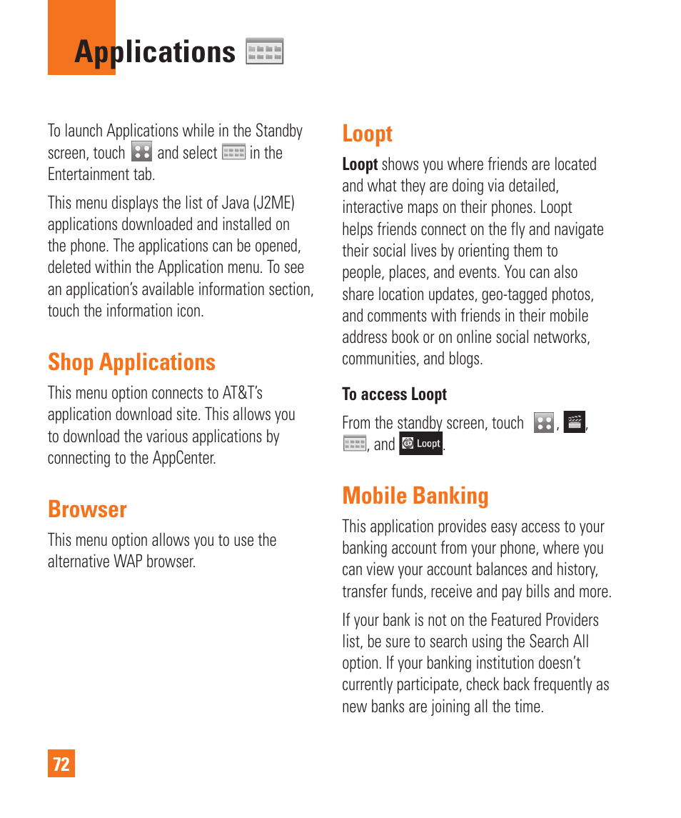 Shop applications, Browser, Loopt | Mobile banking, Applications, Shop applications browser loopt mobile banking | LG Encore User Manual | Page 77 / 140