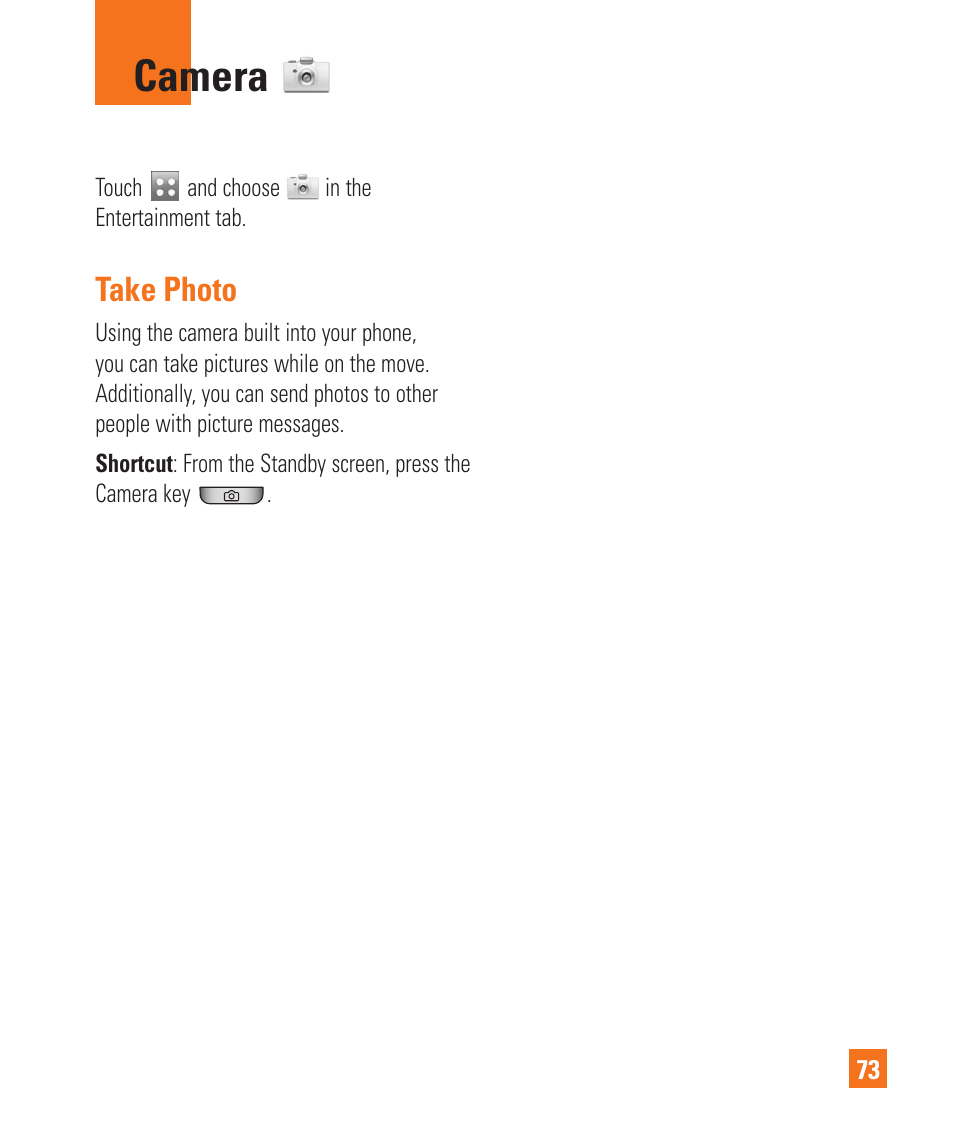 Take photo, Camera | LG Encore User Manual | Page 78 / 140