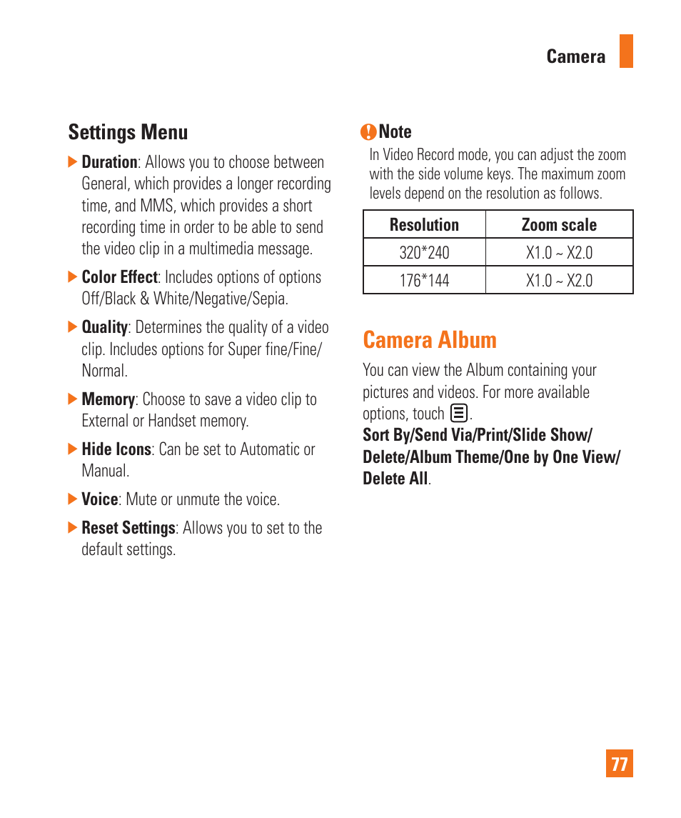 Camera album, Settings menu, Settings menu camera album | LG Encore User Manual | Page 82 / 140