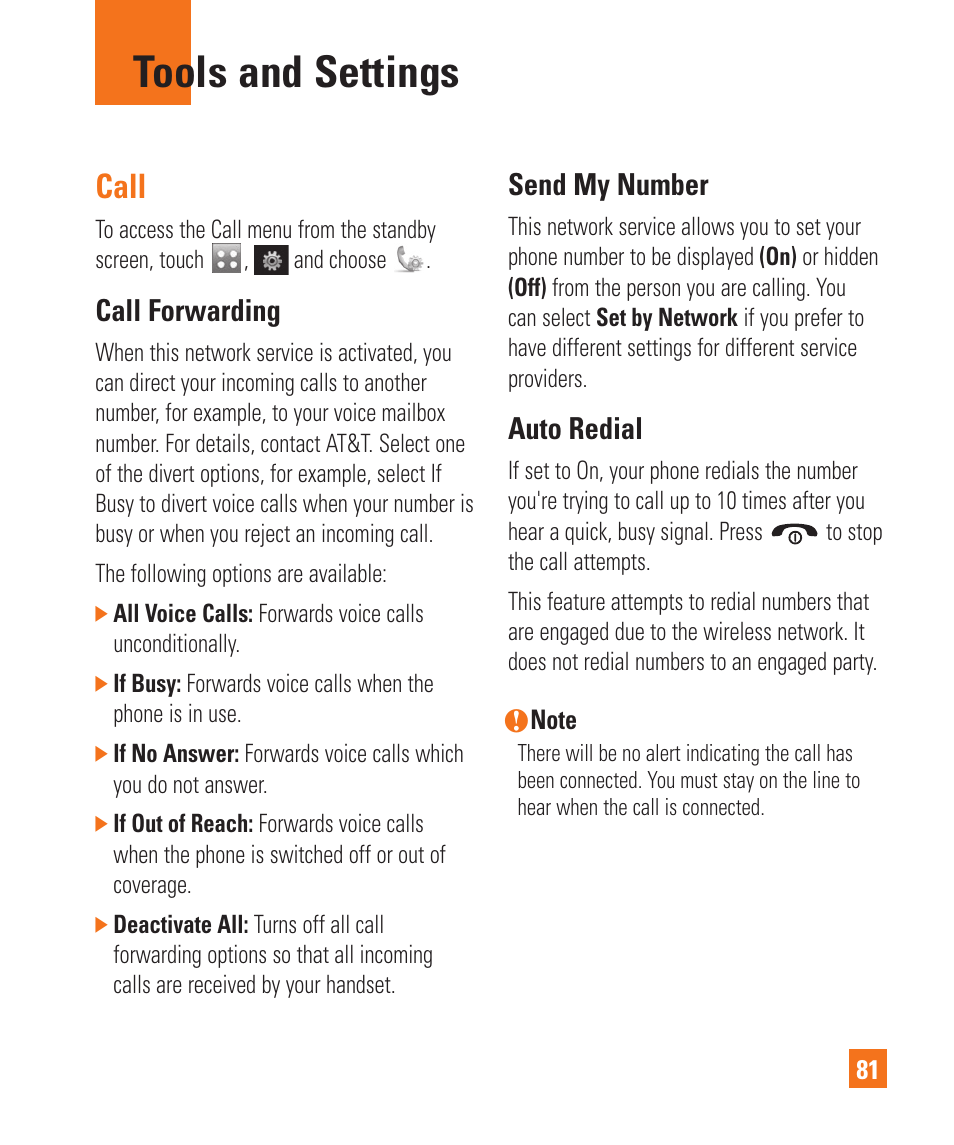 Call, Call forwarding, Send my number | Auto redial, Tools and settings, Call call forwarding send my number auto redial | LG Encore User Manual | Page 86 / 140