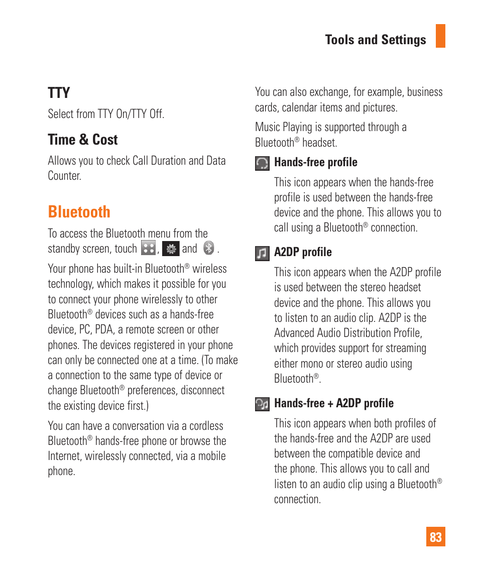 Bluetooth, Time & cost, Tty time & cost bluetooth | LG Encore User Manual | Page 88 / 140