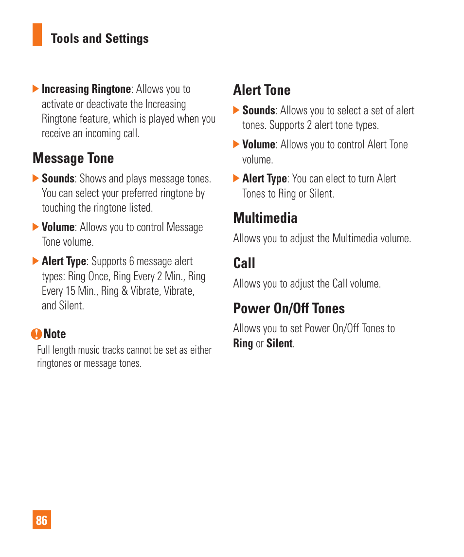 Message tone, Alert tone, Multimedia | Call, Power on/off tones | LG Encore User Manual | Page 91 / 140