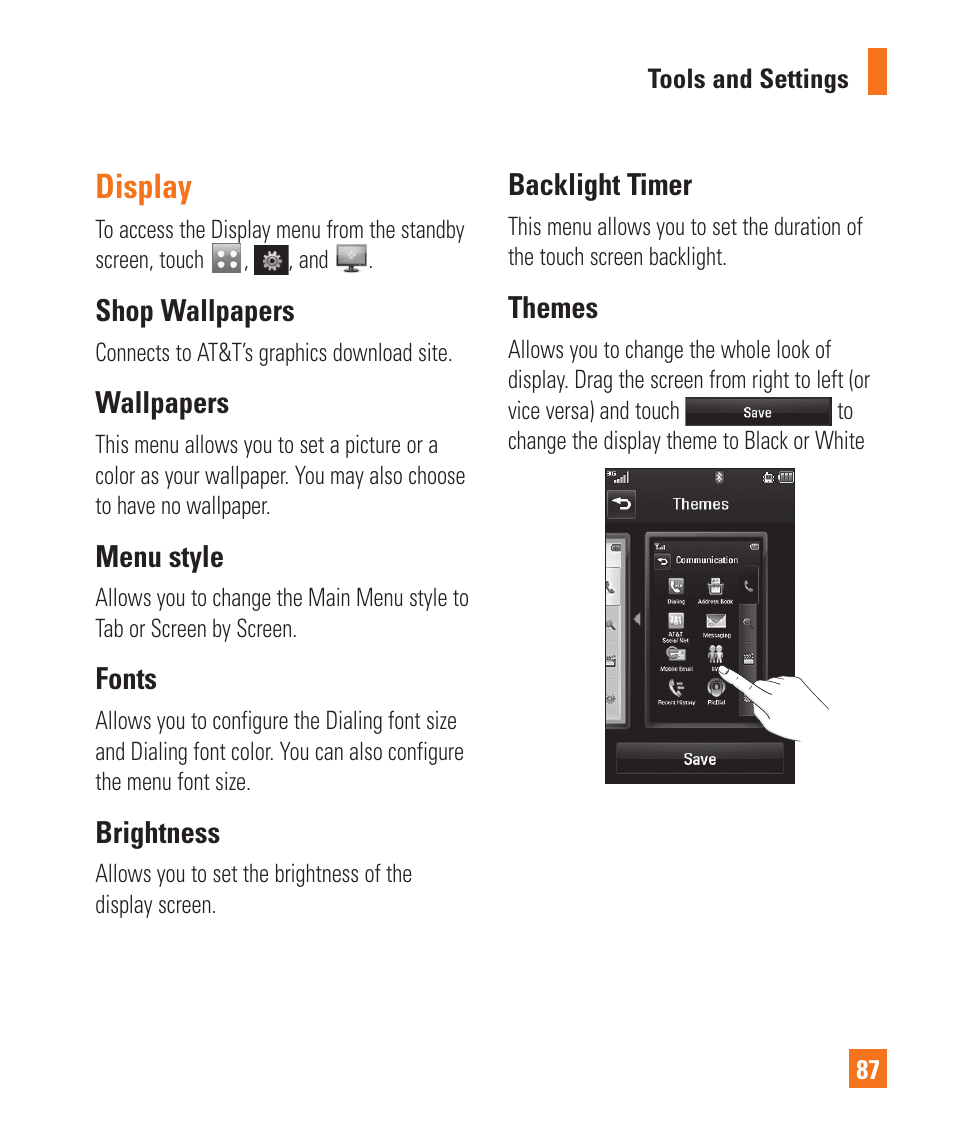 Display, Shop wallpapers, Wallpapers | Menu style, Fonts, Brightness, Backlight timer, Themes | LG Encore User Manual | Page 92 / 140