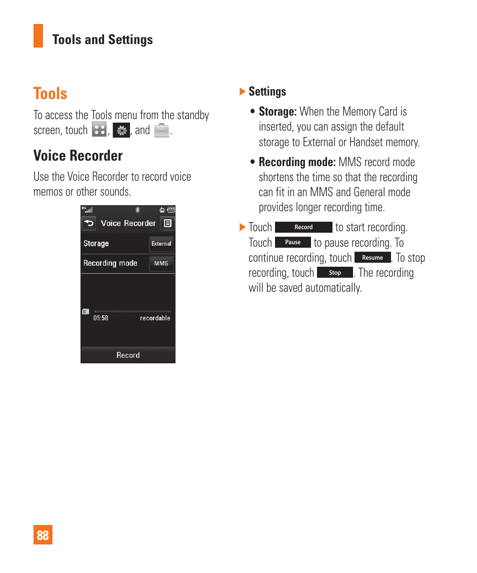 Tools, Voice recorder, Tools voice recorder | LG Encore User Manual | Page 93 / 140