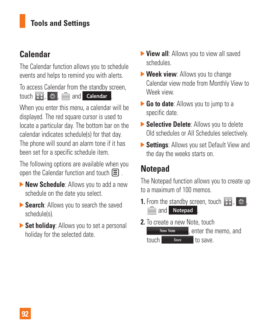 Calendar, Notepad, Calendar notepad | LG Encore User Manual | Page 97 / 140