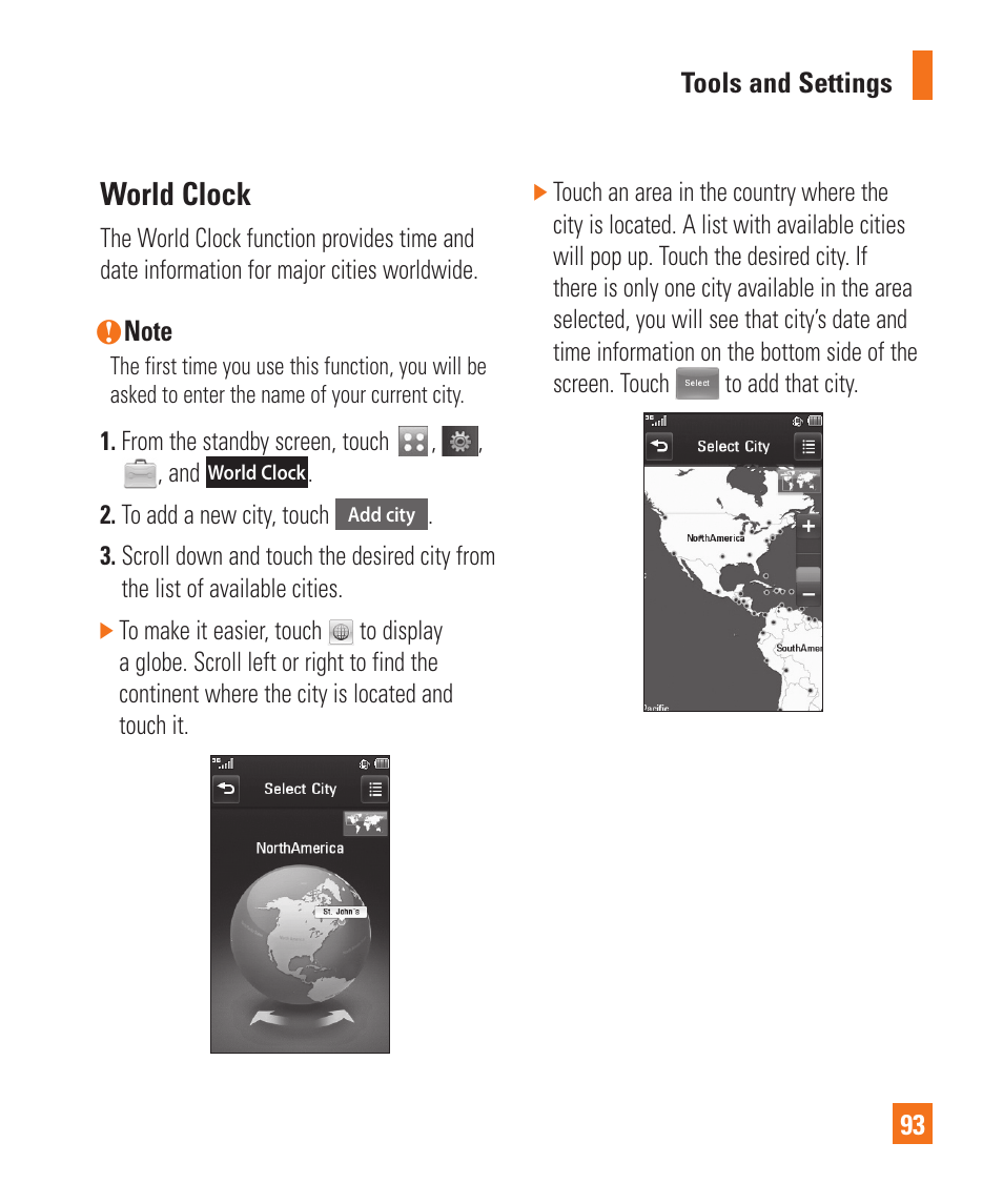 World clock | LG Encore User Manual | Page 98 / 140