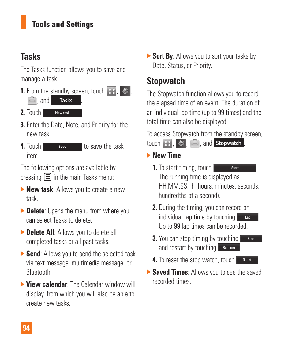 Tasks, Stopwatch, Tasks stopwatch | LG Encore User Manual | Page 99 / 140