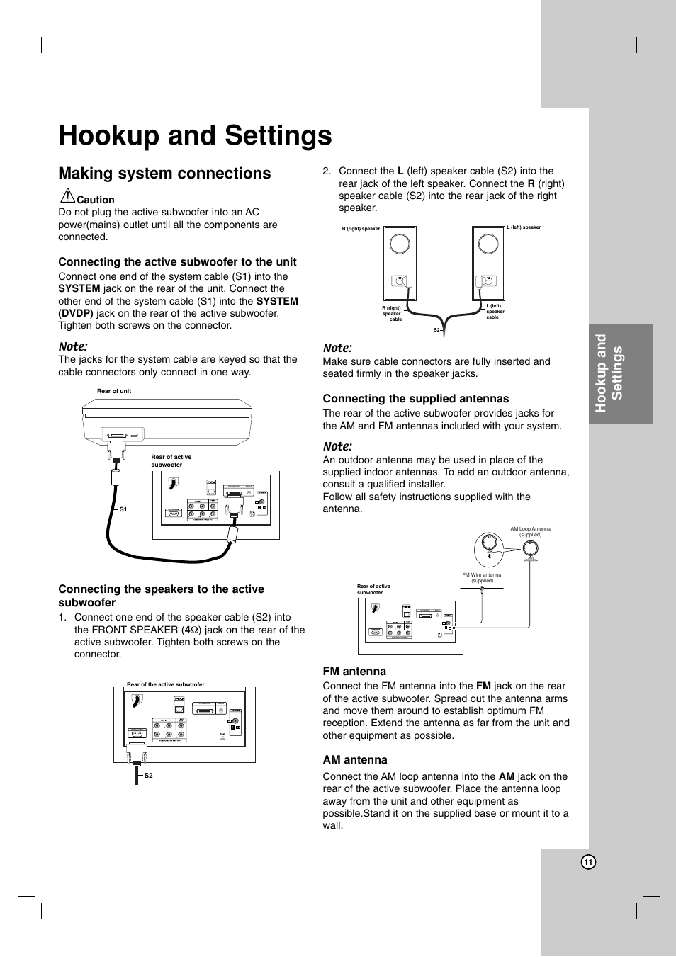 Making system connections, Hookup and settings, Connecting the active subwoofer to the unit | Connecting the speakers to the active subwoofer, Connecting the supplied antennas, Fm antenna, Am antenna | LG LFD790 User Manual | Page 11 / 36